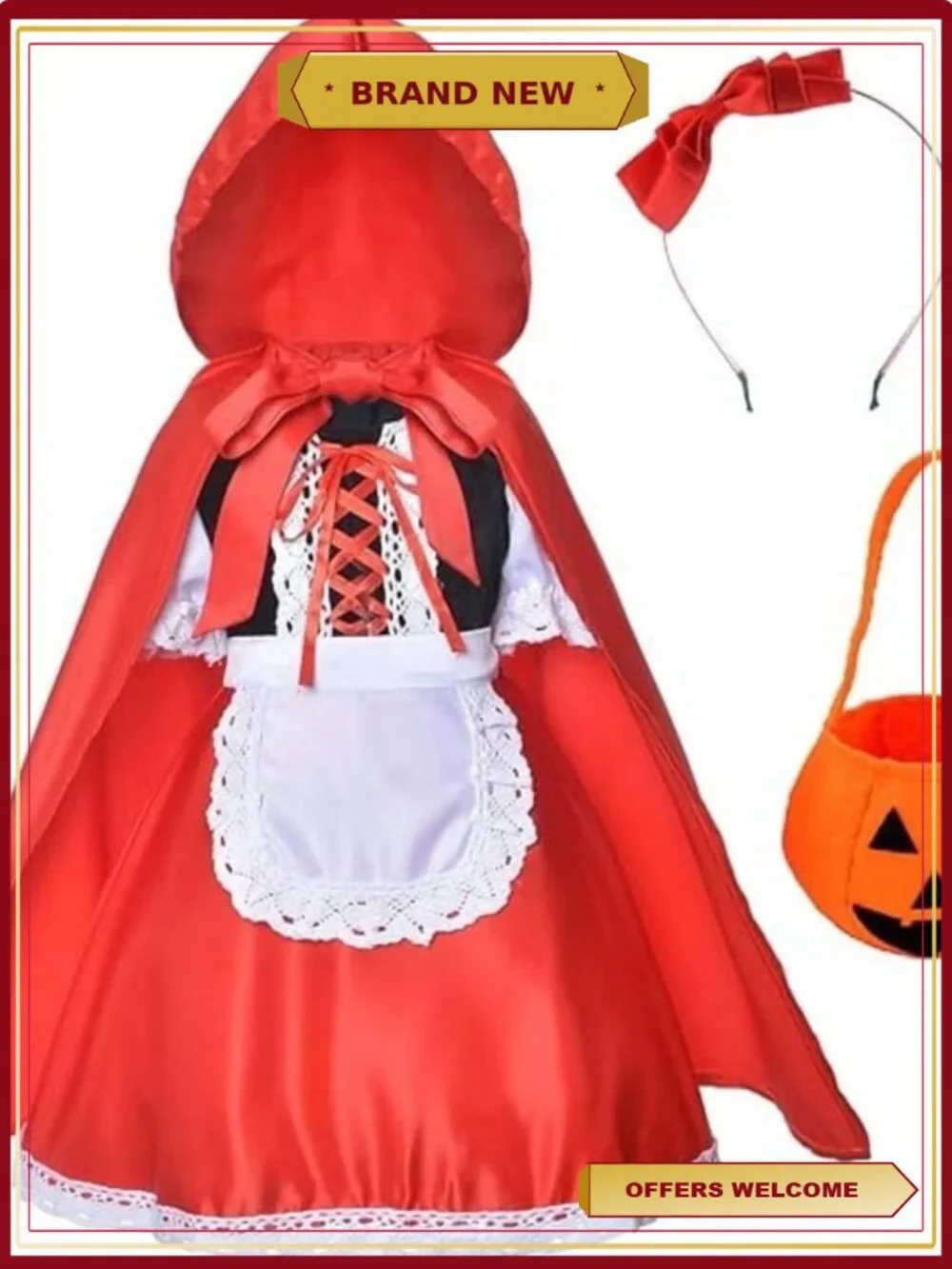Girls Little Red Riding Hood Costume Cape Dress Cloak Headband Bag Halloween